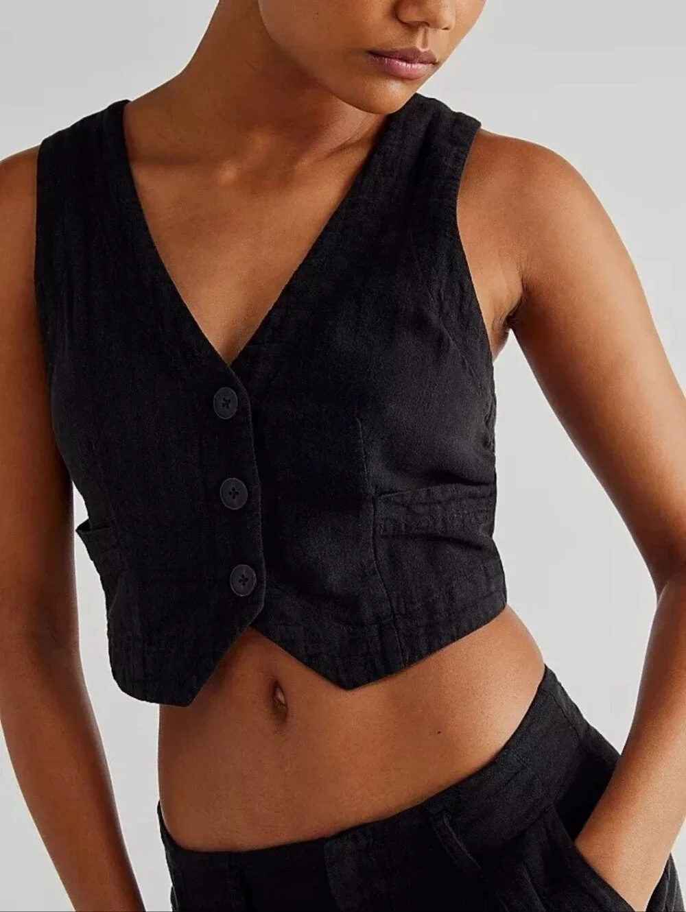 Free People Give Me Good Times Linen Blend Black Vest Women's Size XS